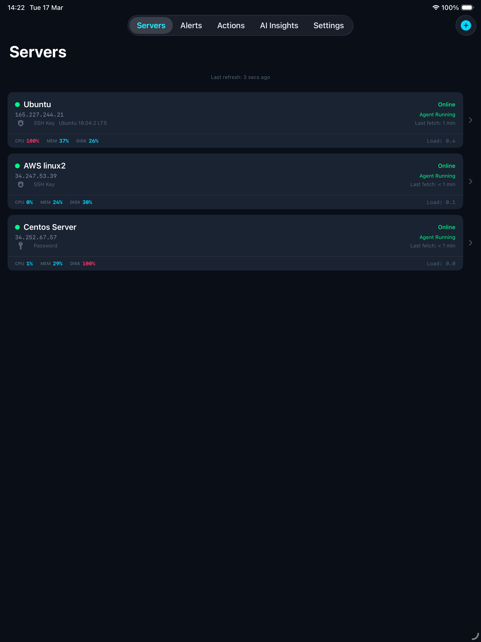 Server list in ServerGuardAI app