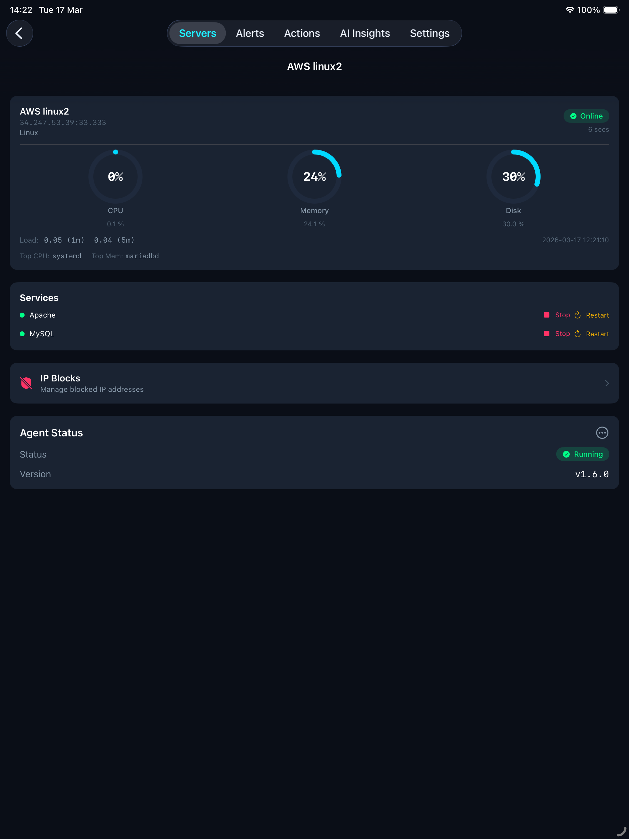 Server detail page with metrics