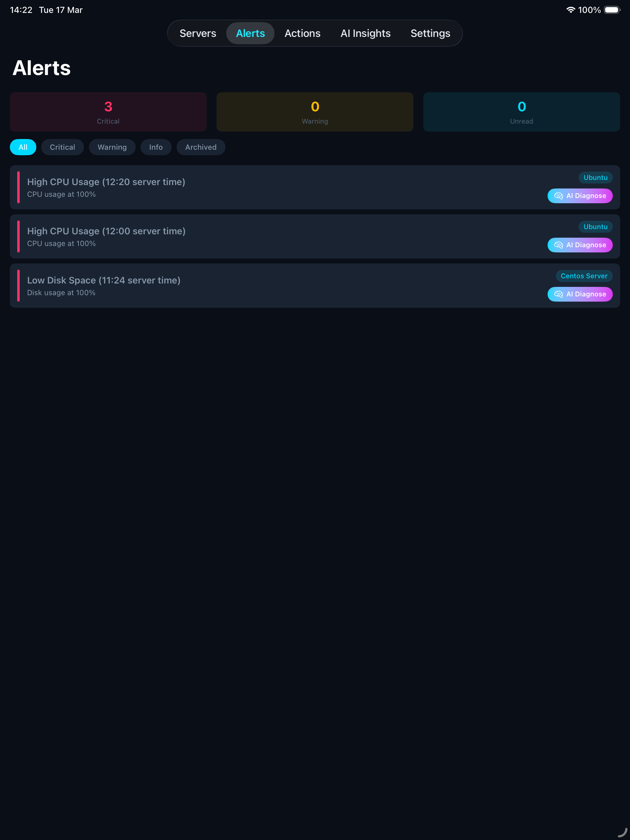 Alerts view in ServerGuardAI